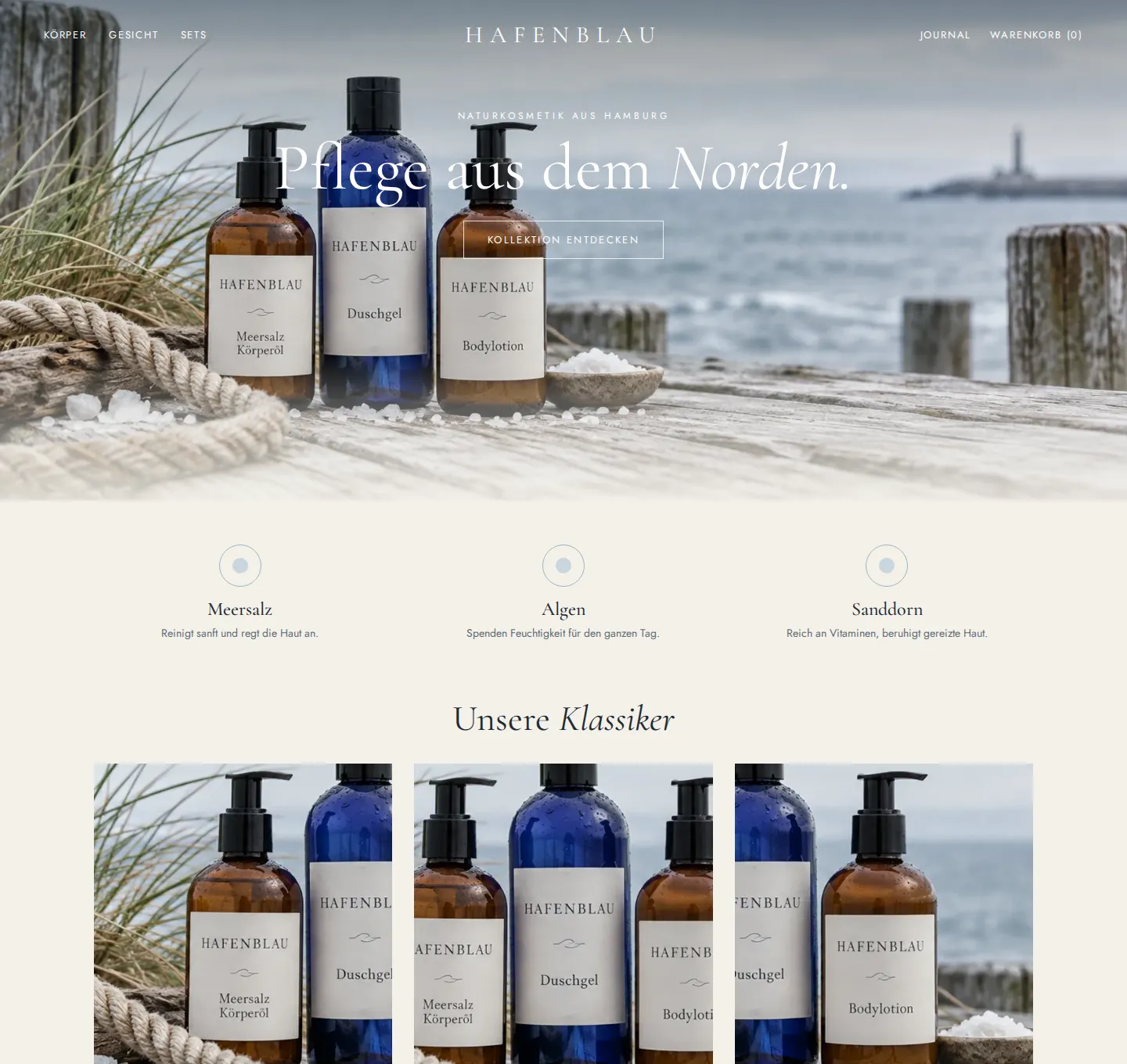 Designkonzept für die erfundene Marke Hafenblau (Naturkosmetik): Startseite mit Hero und Bestsellern