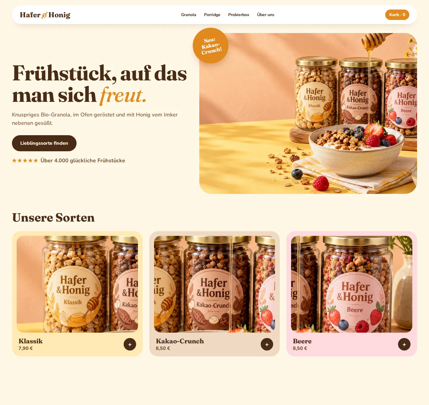 Designkonzept für die erfundene Marke Hafer & Honig (Bio-Granola): Startseite mit Hero und Bestsellern