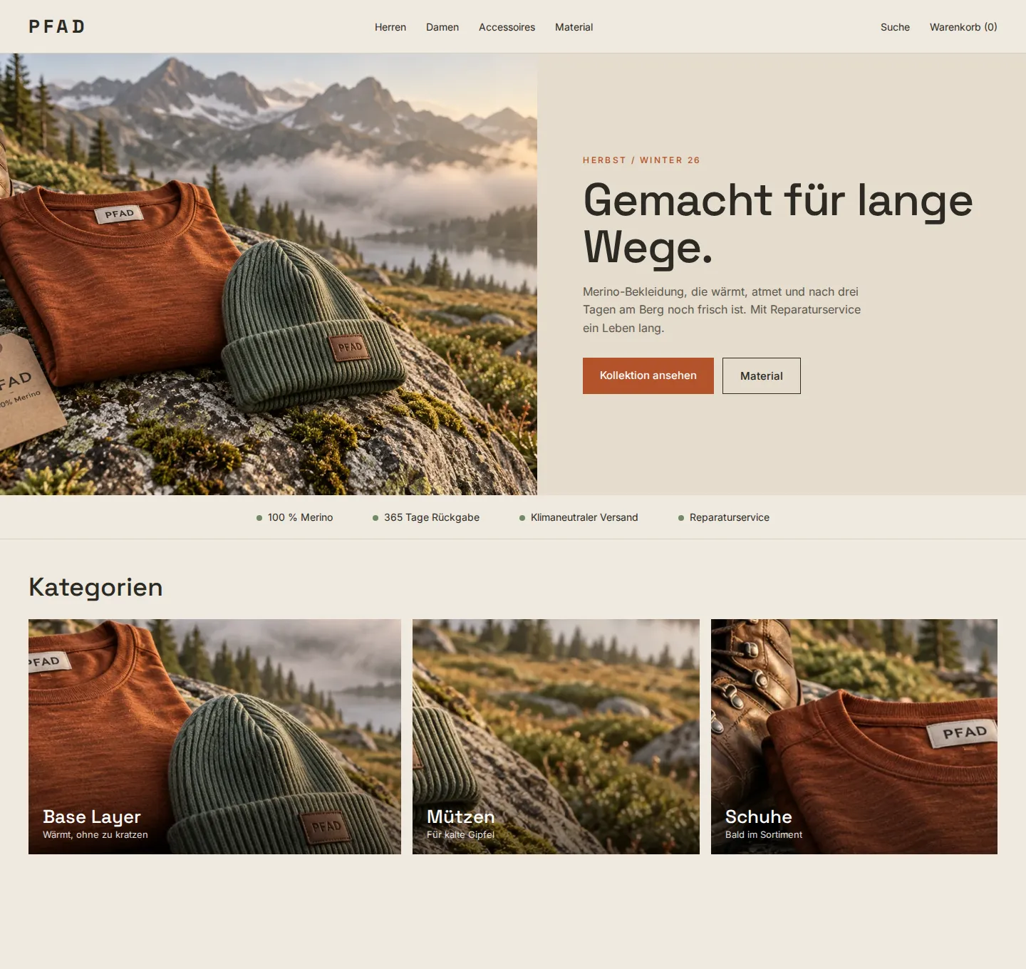 Designkonzept für die erfundene Marke PFAD (Outdoor-Bekleidung): Startseite mit Hero und Bestsellern